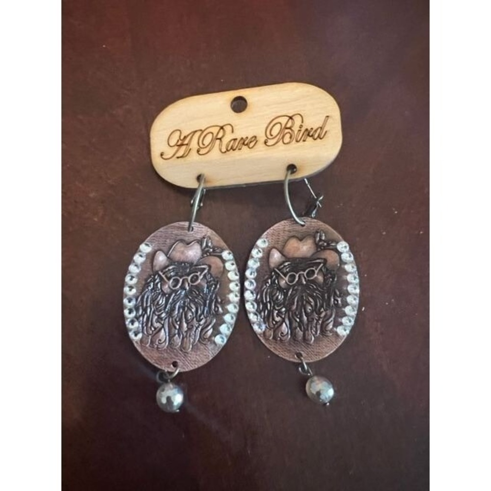 A Rare Bird Copper cowboy Santa Earrings With Rhinestones & Dangle Beads holiday